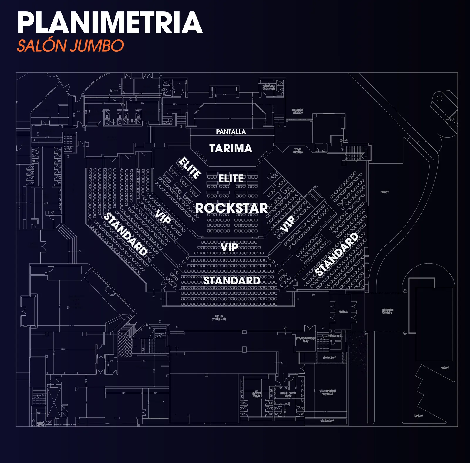 Planimetría del Salón Jumbo con las zonas Elite, Rockstar, VIP y Standard